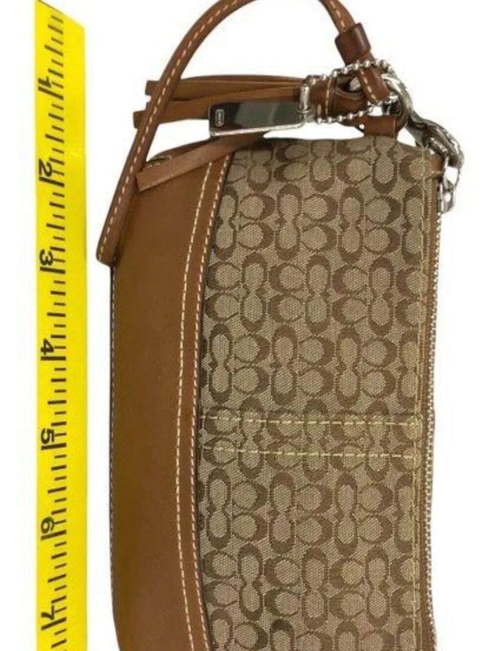 Coach Tan Brown/Khaki Signature C Jacquard Canvas Smooth Leather Wristlet Pouch